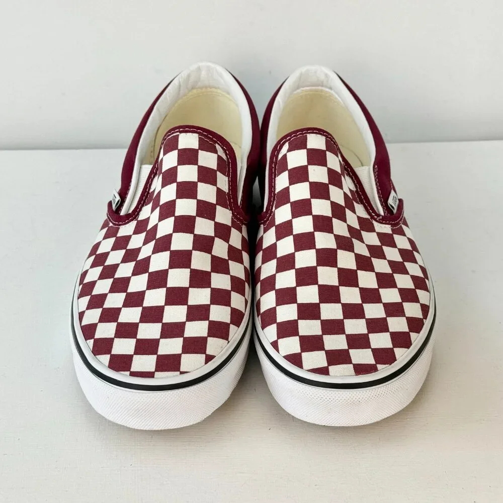 Men's 11 - VANS Classic Slip-On Checkerboard Skateboarding Shoe - Burgundy
